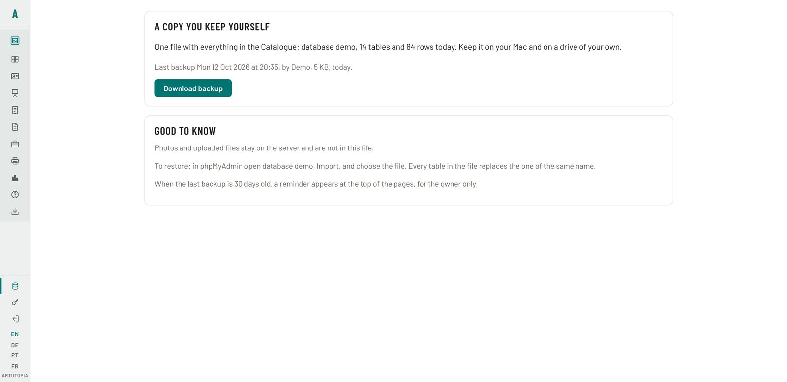 The Backup page
