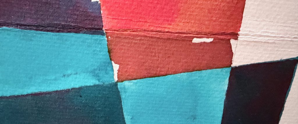 Abstraktes Aquarell in Türkis, Rot und Violett, das Titelbild des August